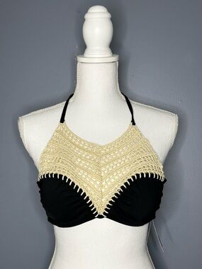 Bikini Lab South Moon Bikini Top S Black Tan Crochet High Neck Halter Boho Beach